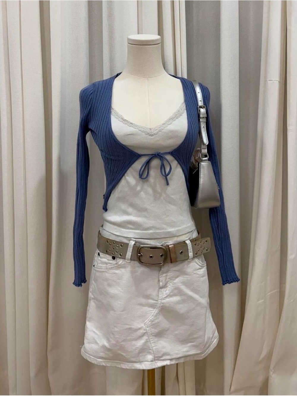 Sky and Sparrow Blue Ribbed Cropped Tie-Front Cardigan